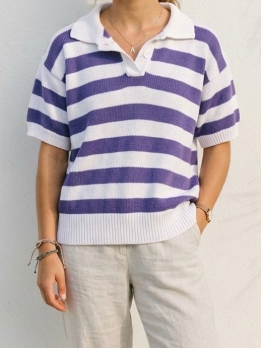 VTG Crystal Kobe 90s Block Stripe Knit Polo Sweater L Purple White Grandpa Core